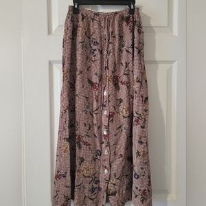 Gingham Checkered Midi Skirt Floral Pattern Button Up